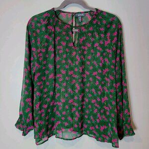 Modcloth Green Sheer Cottage Rose Floral Blouse Womens Size 2X Holiday Gold